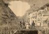 Ejecución de Don José Elgoez, por envenenar los víveres de la Legión Británica, con la vista de Santa Clara, calle principal de Vitoria